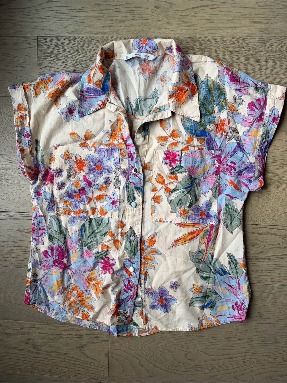 Floral Button-Front Short Sleeve Shirt - Cream with Multicolor Print